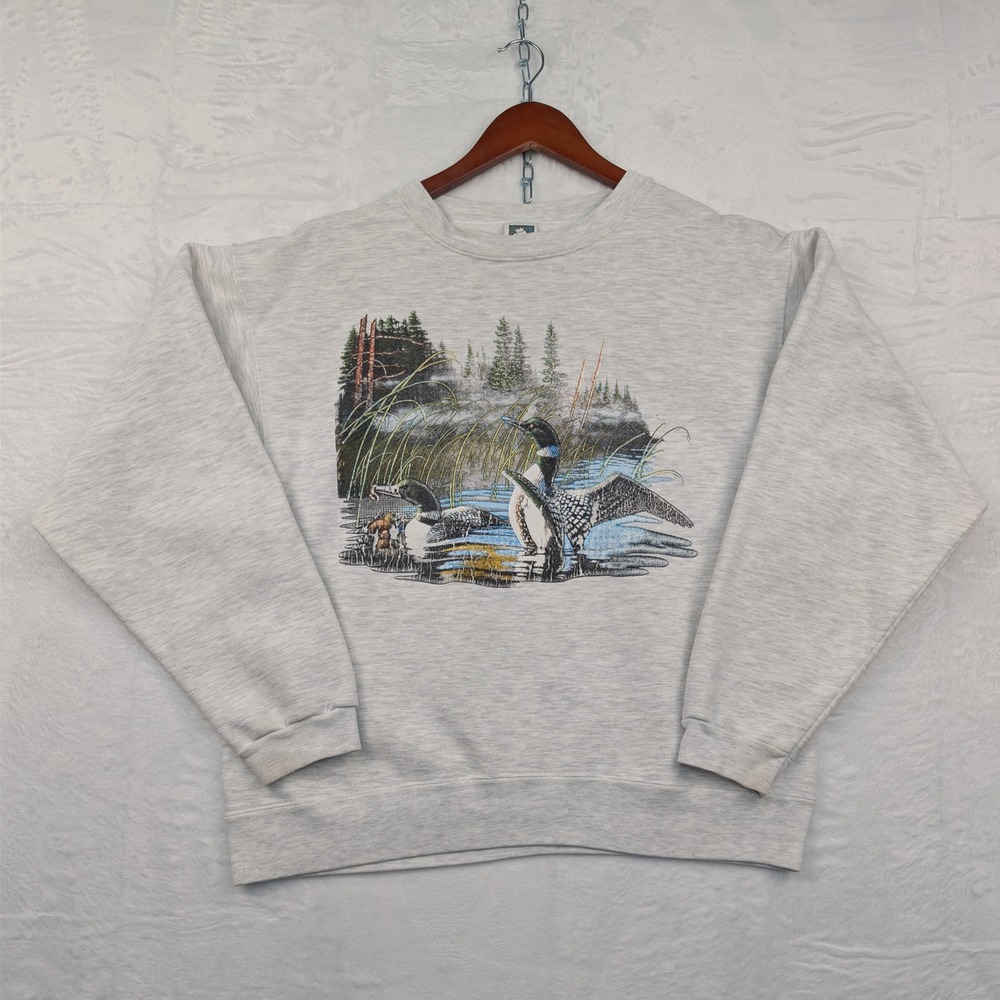 VTG Cotton Deluxe Sweatshirt Men Large Gray Loon Nature Graphic Pullover USA 90s